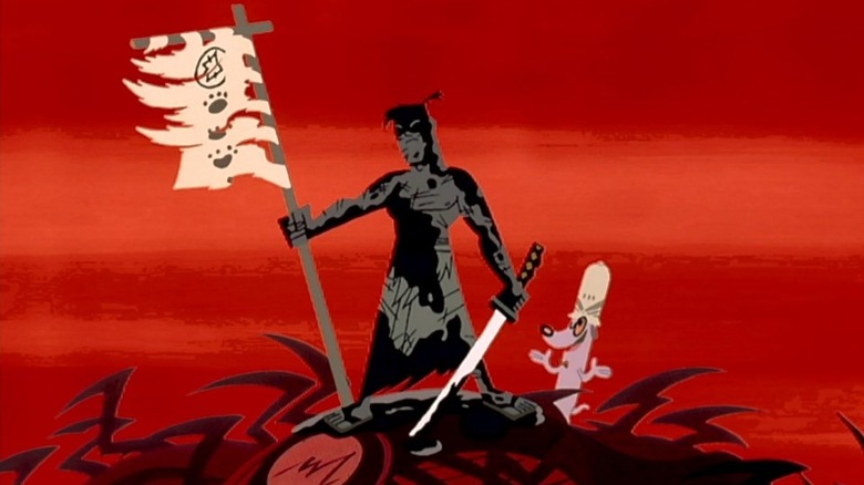 Jack in shadow holding a tattered flag in "Samurai Jack" (2001)
