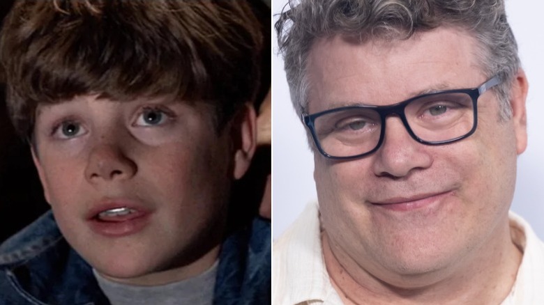 Mikey from The Goonies looking thoughtful and Sean Astin wearing glasses