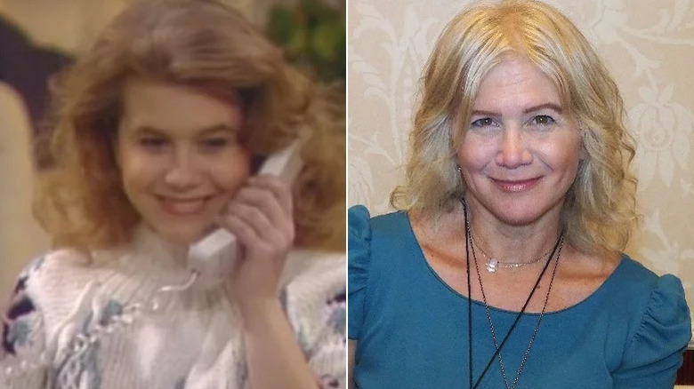 Carol Seaver of Growing Pains speaking on the phone and Tracey Gold wearing a blue dress