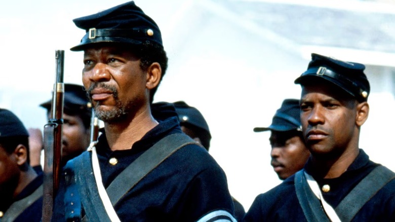 Sgt. Maj. John Rawlins and Pvt. Trip standing to attention in "Glory" (1989)