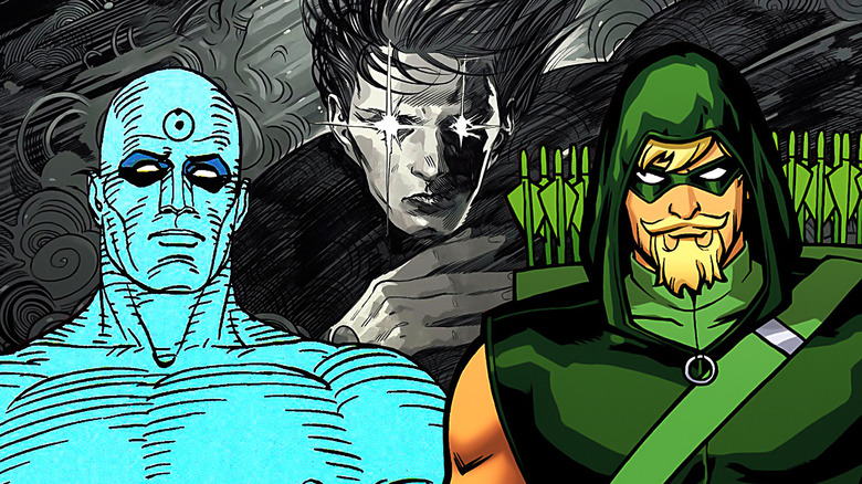Doctor Manhattan, Sandman and Green Arrow stand together