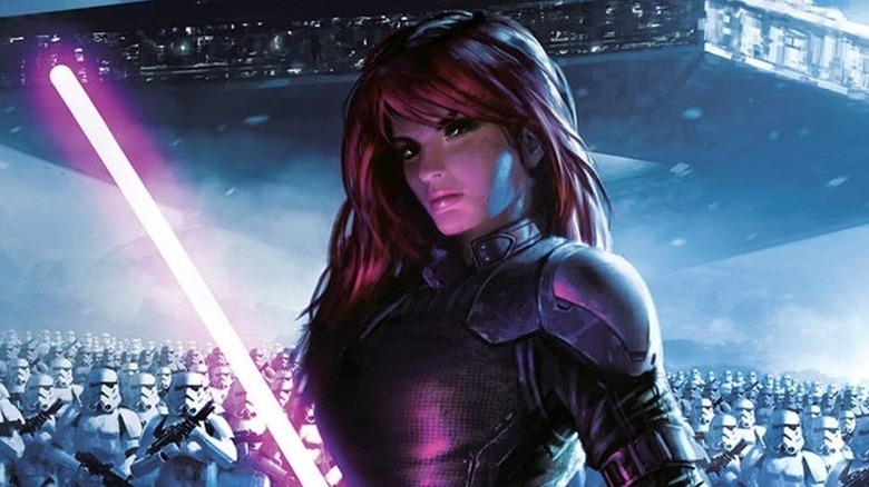 Mara Jade holds a purple lightsaber while wearing black armor in front of a legion of stormtroopers