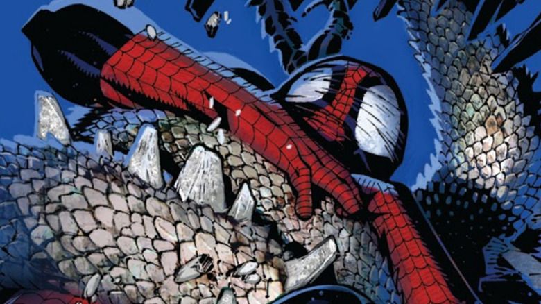 The Lizard crushing Spider-Man with his massive tail in 