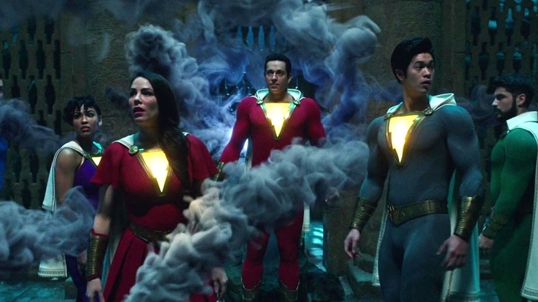 The Shazam Family standing in smoke in "Shazam!" (2019)