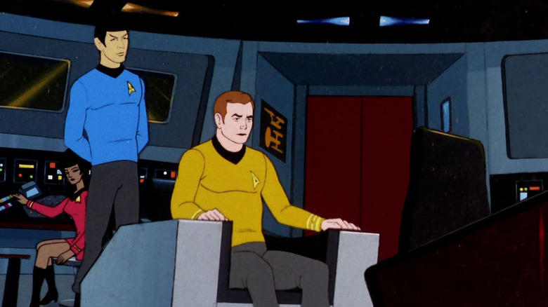 Kirk, Spock, and Uhura on the bridge in Star Trek: The Animated Series