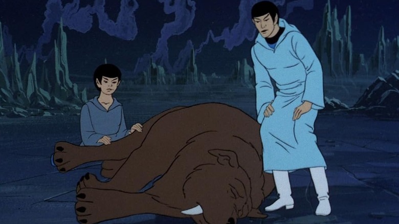 Spock talks to young Spock over the body of a dying Sehlat in Star Trek: The Animated Series