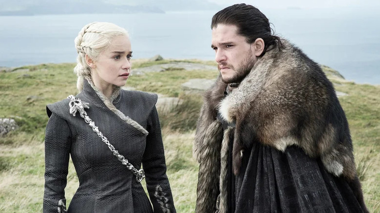 Daenerys Targaryen looking at Jon Snow on Game of Thrones
