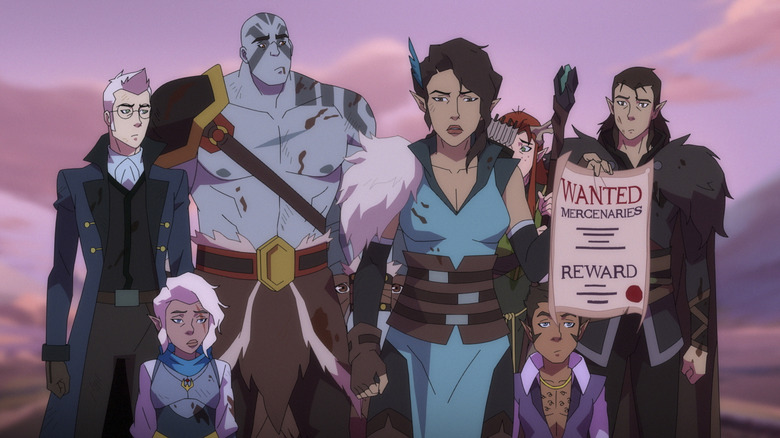 Percy de Rolo, Pike Trickfoot, Grog Strongjaw, Vex'ahlia, Keyleth, Scanlan Shorthalt, and Vax'ildan looking unimpressed on The Legend of Vox Machina