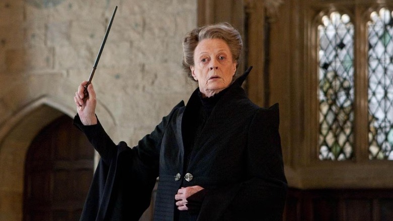 Professor Minerva McGonagall raising her wand in "Harry Potter and the Deathly Hallows - Part 2."