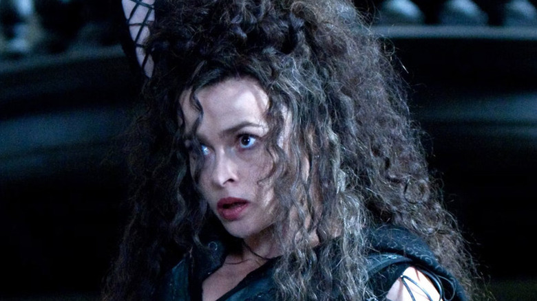 Bellatrix looking shocked with her hair over her face in Harry Potter and the Order of the Phoenix