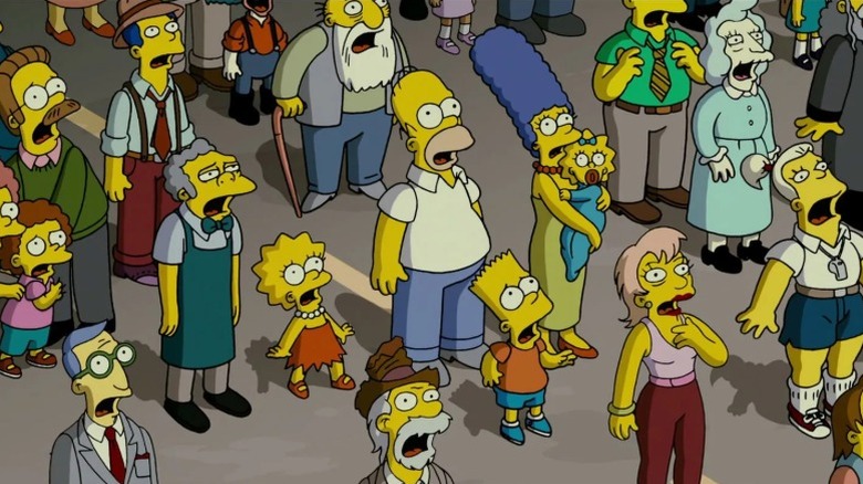 The Springfield populace looking up in terror in The Simpsons Movie