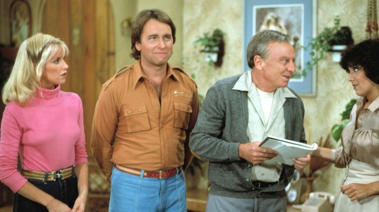 Mr. Roper talks to Janet as Jack and Chrissy listen in "Three's Company"