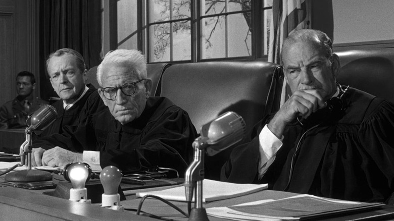 Dan Haywood and other judges listening to testimonies in Judgement at Nuremberg (1961)