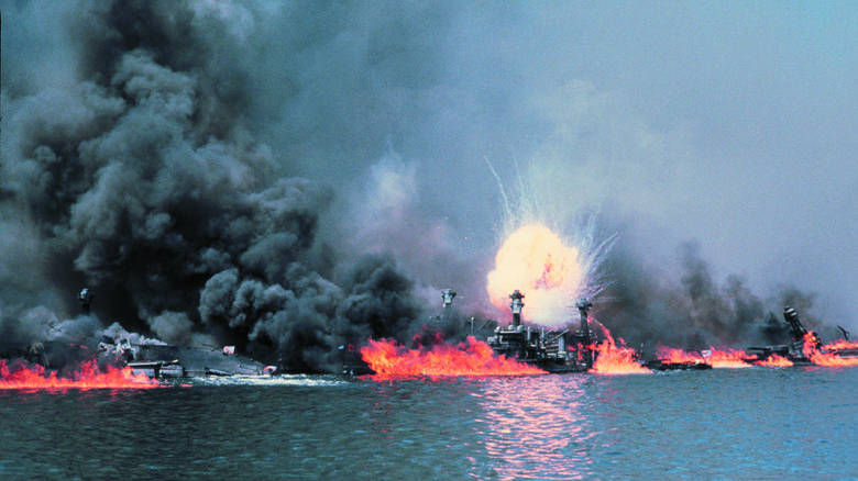 Ships on fire during the attack on Pearl Harbor in Tora! Tora! Tora!