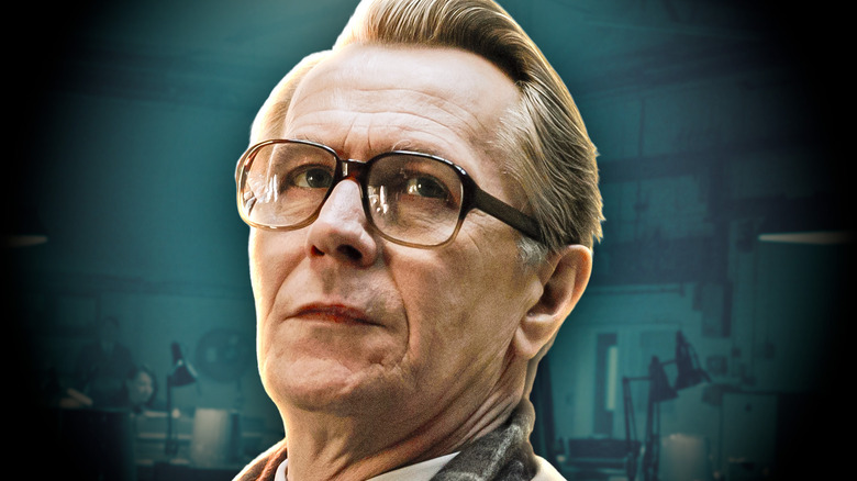 George Smiley from Tinker Tailor Soldier Spy against a blue background