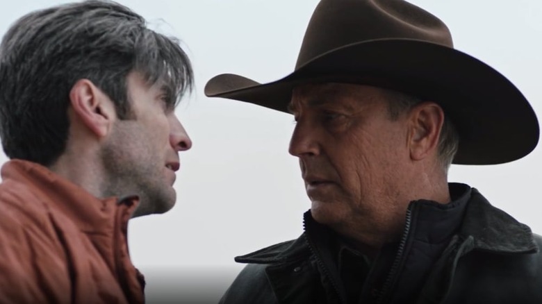 John (Kevin Costner) looking at a crying Jamie Dutton (Wes Bentley) on "Yellowstone."