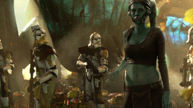 Aayla Secura in front of Clone Troopers shortly before they kill her in "Revenge of the Sith"