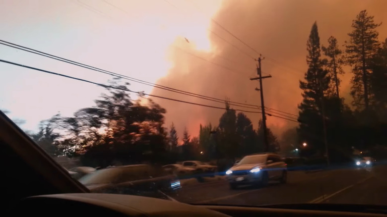 Footage of a wild fire from a car in Rebuilding Paradise