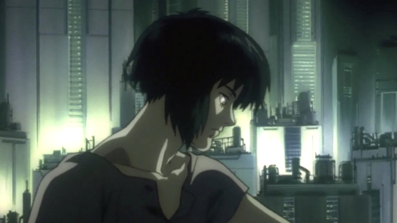 Motoko looks out over the city in "Ghost in the Shell" (1995)