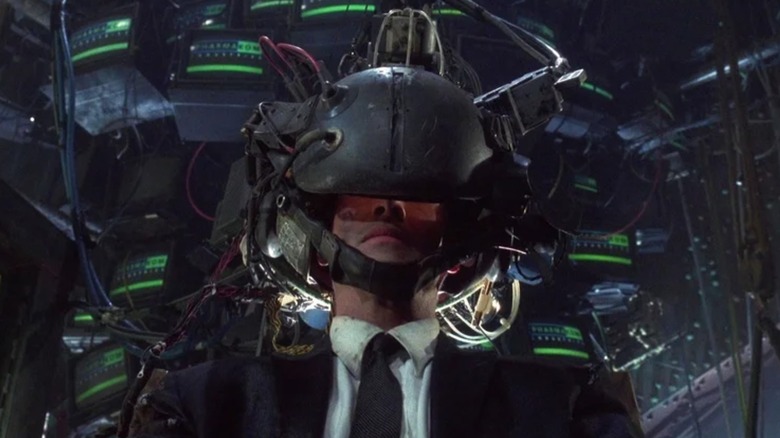 Johnny wearing a virtual reality headset in "Johnny Mnemonic" (1995)