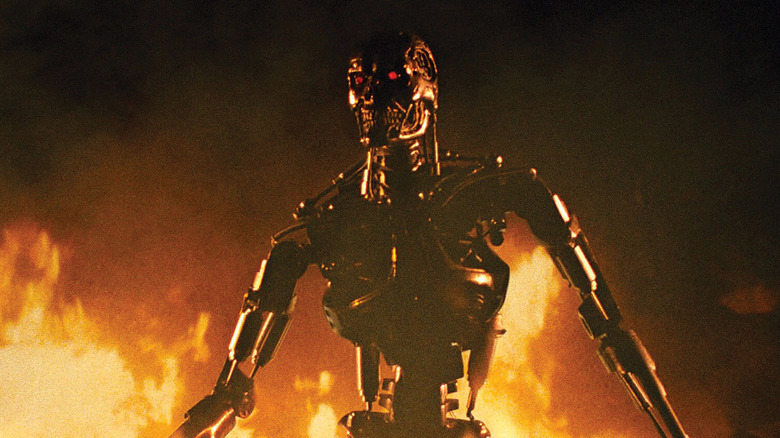 The Terminator's robotic endoskeleton walking through fire in The Terminator (1984)
