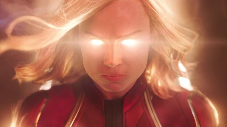 Captain Marvel with eyes glowing in Captain Marvel