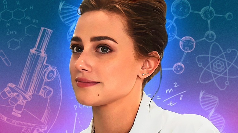 Olive from The Love Hypothesis against a sciencey background