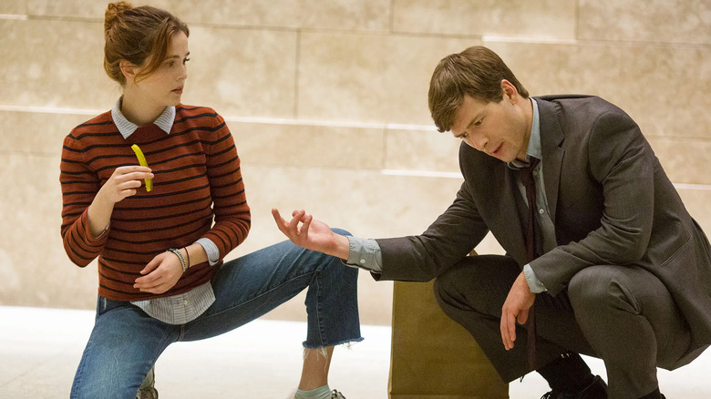 Harper and Charlie arguing over takeout food in Set It Up