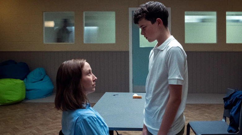 Briony looking up at Jamie in the interrogation room on Adolescence