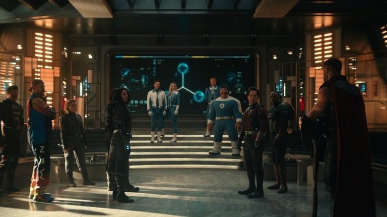 Thor offering a lecture to various superheroes in the New Avengers Tower in Avengers: Doomsday (2026)