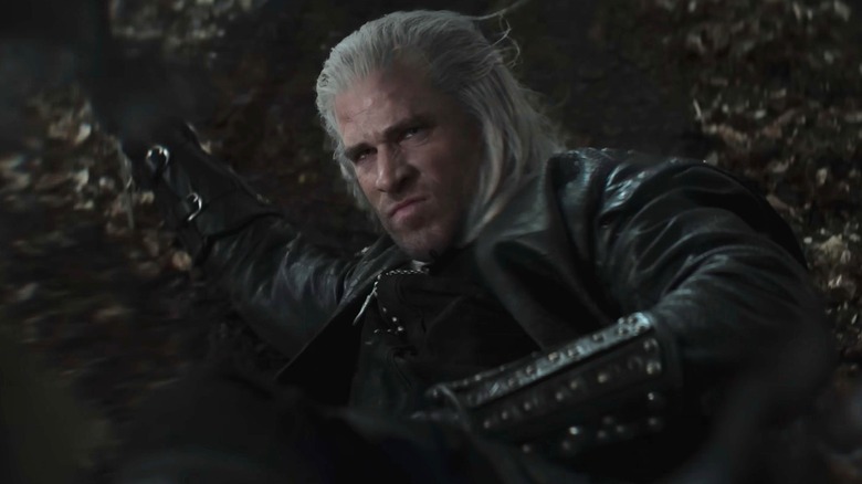 Liam Hemsworth's Geralt of Rivia pulling a face in The Witcher