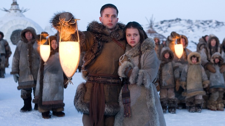 Sokka and Katara staring at adversarial forces in "The Last Airbender" (2010)