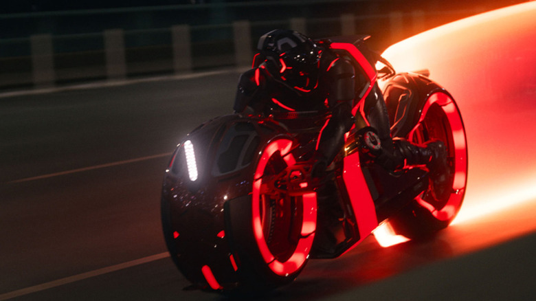 A Light Cycle zooming down the highway in Tron: Ares (2025)