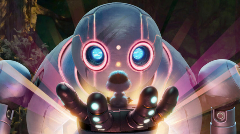 Roz gazing at a duckling in The Wild Robot (2024)