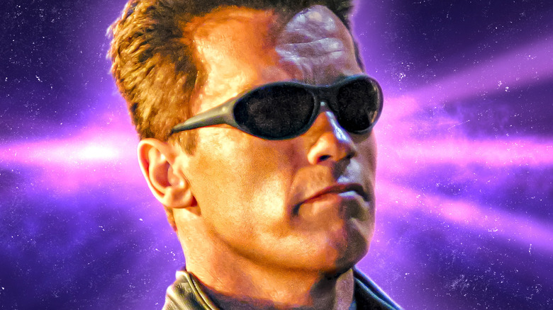 The Terminator donning a pair of sunglasses in front of purple background