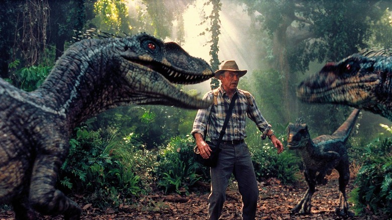Alan Grant cornered by raptors in Jurassic Park III (2001)