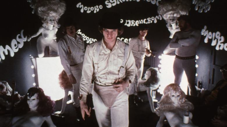 Alex and his crew among mannequins in A Clockwork Orange (1971)