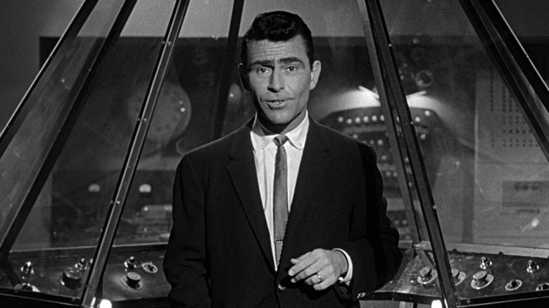 Rod Serling standing inside a spaceship in "The Twilight Zone" (1959-1964)