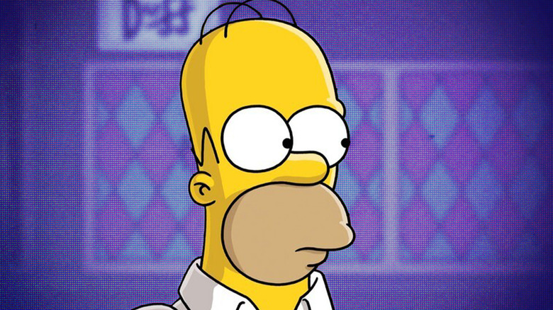 Homer Simpson against a purple backdrop of Moe's