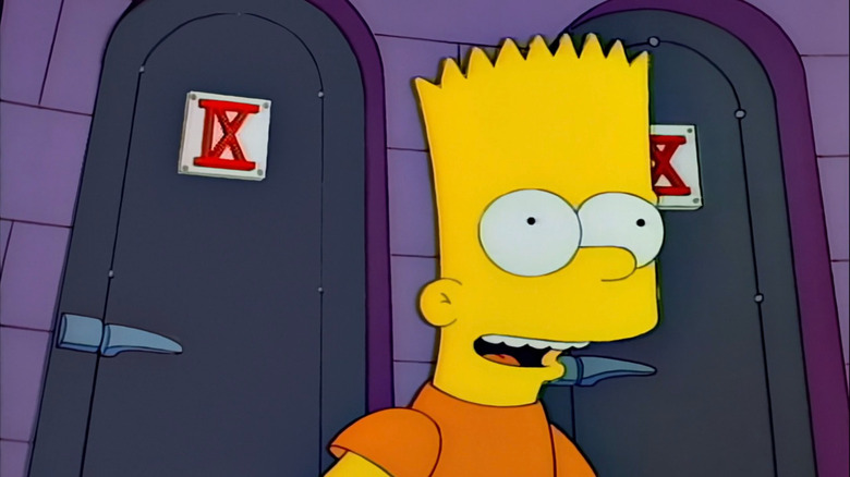 Bart Simpson by doors with Roman numerals on "The Simpsons"