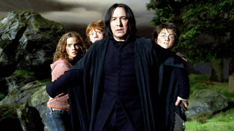 Snape shielding Harry Ron Hermione