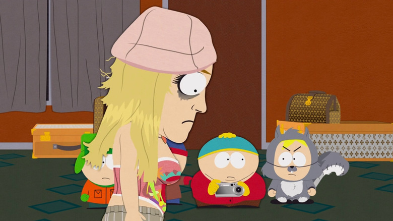 Britney Spears walking in front of Kyle, Stan, Cartman, and Butters on "South Park"
