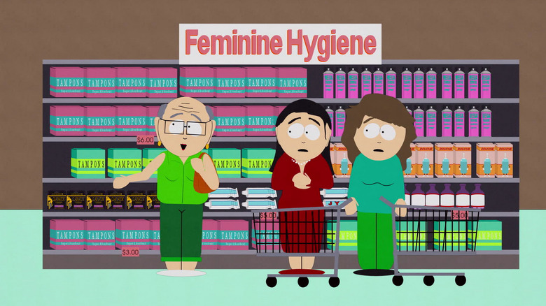 Mr. Garrison in the feminine hygiene aisle with two women on "South Park"