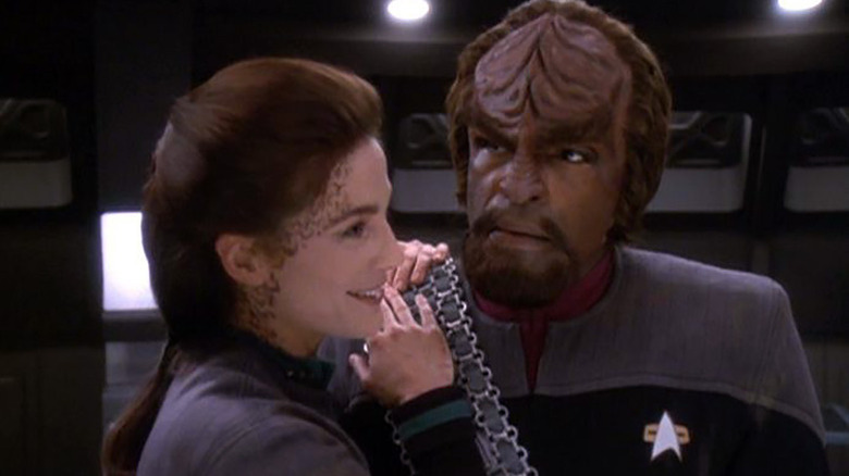 Dax and Worf embrace in Star Trek: Deep Space Nine