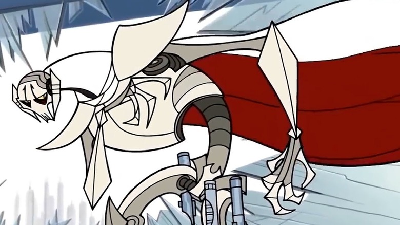 General Grievous flaring his cape with his four lightsabers on his hip in Star Wars: Clone Wars