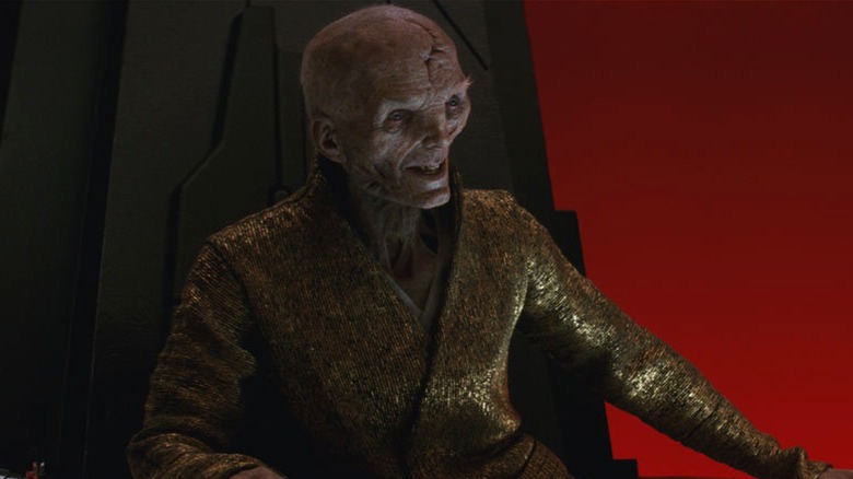 Snoke grinning in his chair in Star Wars: The Last Jedi