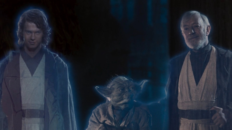 Anakin, Yoda, and Obi-Wan Kenobi as Force ghosts in 