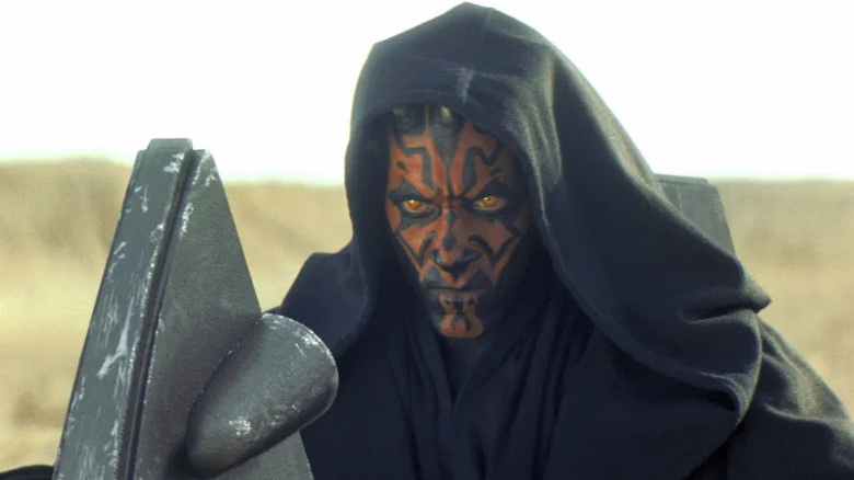 Ray Park's Darth Maul wearing a dark hood in Star Wars: Episode I -- The Phantom Menace
