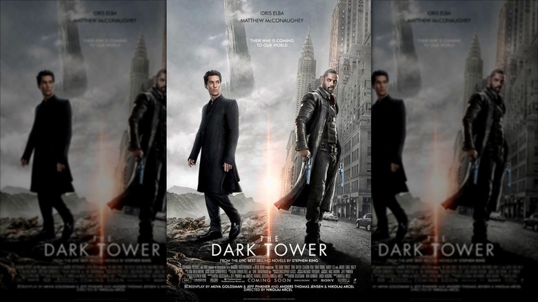 A movie poster for "The Dark Tower" (2017), featuring Matthew McConaughey and Idris Elba