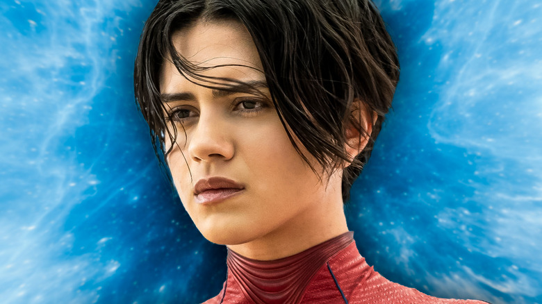 Sasha Calle's Supergirl against a blue background (2026)